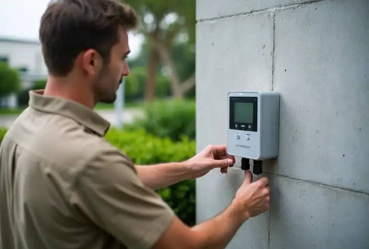 Commercial Landscape Management 2 commercial landscape maintenance companies near me - "Landscaper in khaki uniform adjusting a smart irrigation controller outside a commercial building, surrounded by drought-tolerant plants."