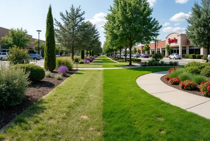 Commercial Landscape Management 3 landscape maintenance commercial - "Split view showing a shopping plaza before and after landscaping — with the right side featuring vibrant grass, fresh flowers, and clean walkways."