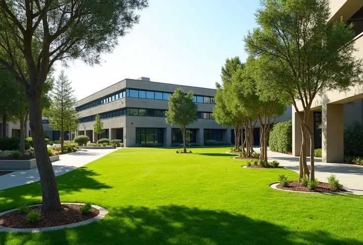Blog 4 commercial landscape management - "Landscaped commercial office park with trimmed trees, green lawn, and a professional landscaper pruning a tree on a sunny day in Orange County."