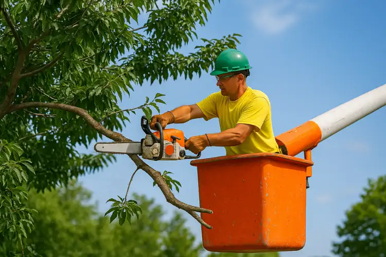 Tree Service-Near-Me 3 Tree Service Newport Beach | An arborist trims a tree from a hydraulic lift using a chainsaw, wearing safety gear under clear skies — highlighting the precision and safety of emergency tree service near me.