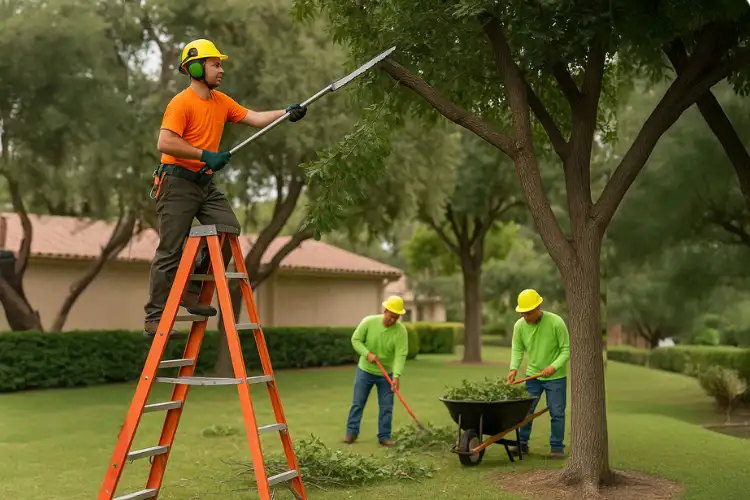 Tree Service-Near-Me 2 tree-service-near-me | Three professional landscapers perform tree trimming in a well-maintained outdoor space, with one worker on a tall ladder cutting branches while two others clean up debris — illustrating expert tree service near me.