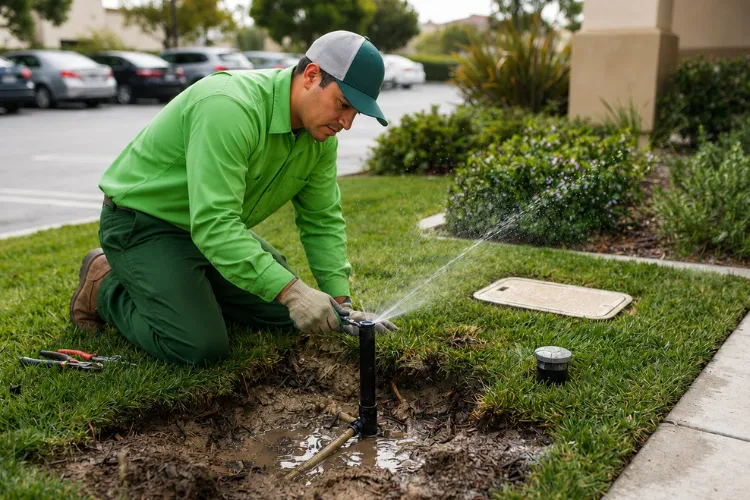 Landscaping technician adjusting a sprinkler head during an irrigation system check at a commercial property