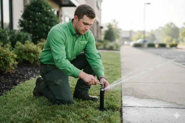 Irrigation technician adjusting a pop-up sprinkler head along the edge of a commercial property lawn