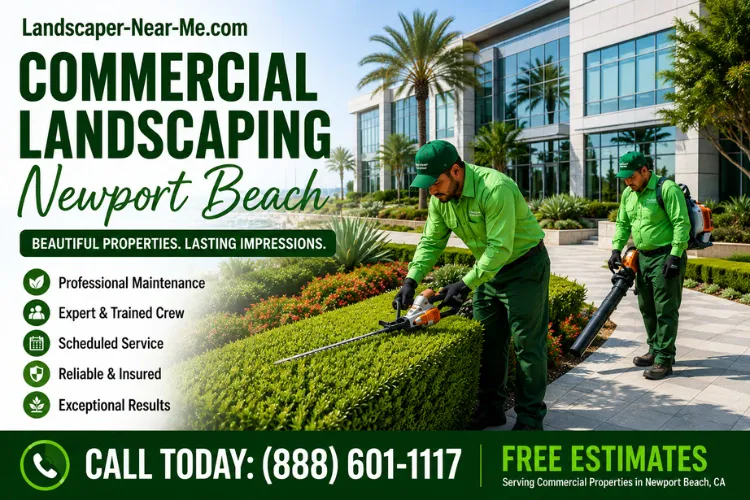 Commercial Landscaping Newport Beach marketing graphic showing a landscaping crew maintaining a commercial property, with free estimate and contact details