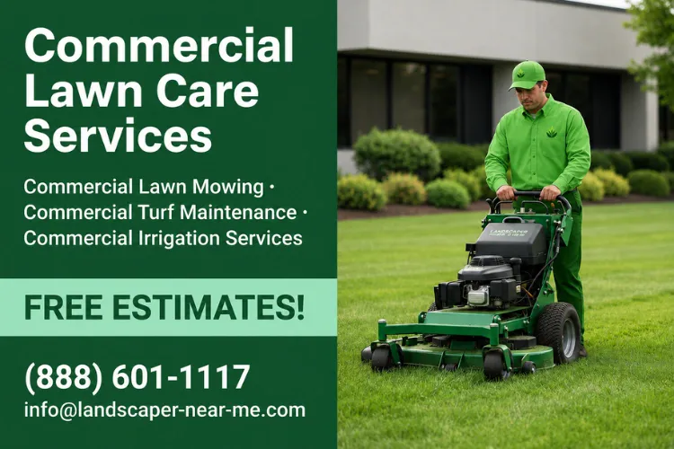 Commercial Lawn Care Services marketing graphic showing a crew mowing a commercial property lawn alongside Landscaper-Near-Me.com contact information