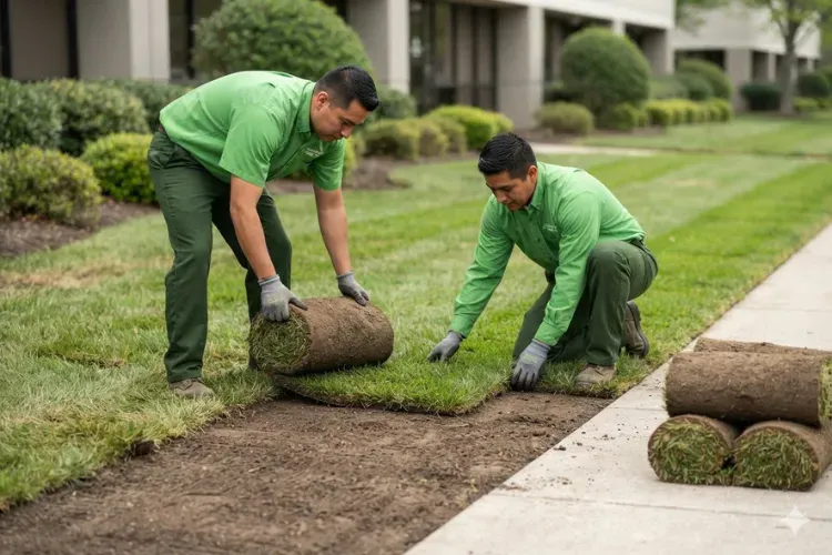 Landscaping crew laying fresh sod to replace a worn section of turf on a commercial property