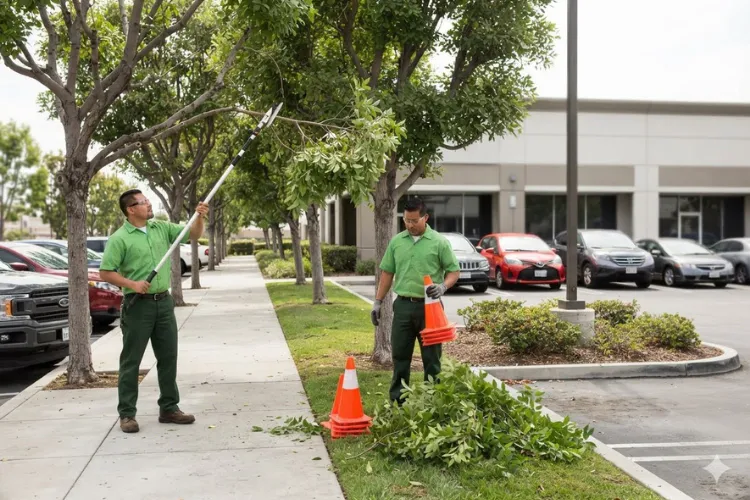 Tree canopy clearance work above a walkway and parking area at a commercial property