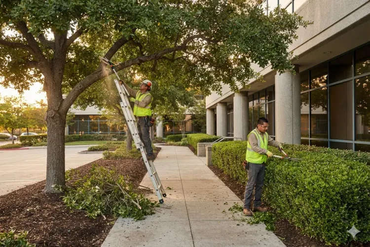 Landscaping crew trimming a tree and shaping hedges along the walkway of a commercial office property