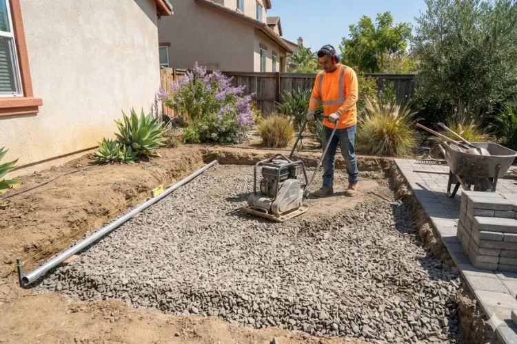 Worker compacting an aggregate base layer before pavers are installed on a backyard patio