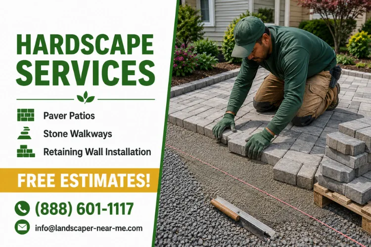 Hardscape Services marketing graphic showing a crew setting paver patio stones, with free estimate offer and contact details