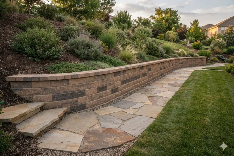 Segmental retaining wall and flagstone walkway shaping a sloped residential yard