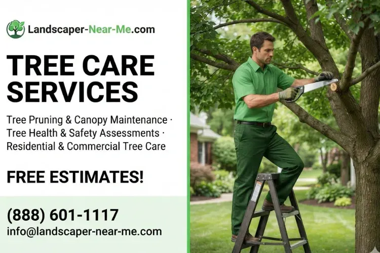 Tree Care Services marketing graphic from Landscaper-Near-Me.com showing a landscaping worker pruning a shade tree alongside service details and contact information