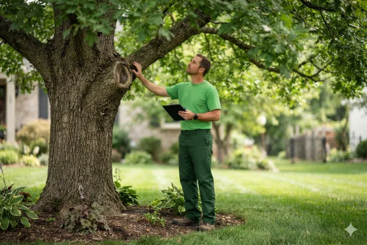 Landscaping professional inspecting the trunk and lower canopy of a tree during a tree health assessment