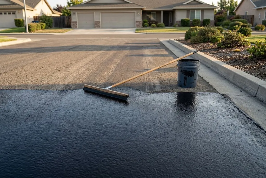 Fresh sealer being applied to a residential asphalt driveway beside a faded unsealed section.