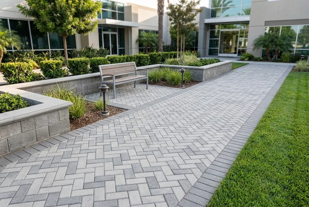 Interlocking paver walkway and matching block seat wall bordering maintained planting beds at a commercial property