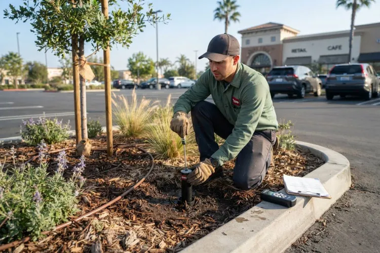 Landscape technician inspecting and adjusting a sprinkler head in a landscaped parking-lot island at a Los Angeles commercial property