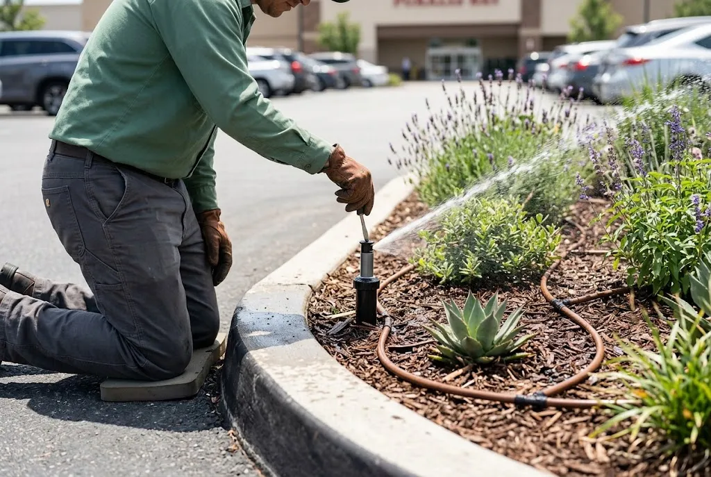 Landscape technician adjusting a sprinkler head in a retail parking lot planting island