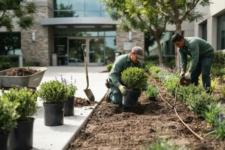 Landscape crew installing new drought-tolerant shrubs and drip irrigation in a planting bed at the entrance of a Los Angeles commercial building