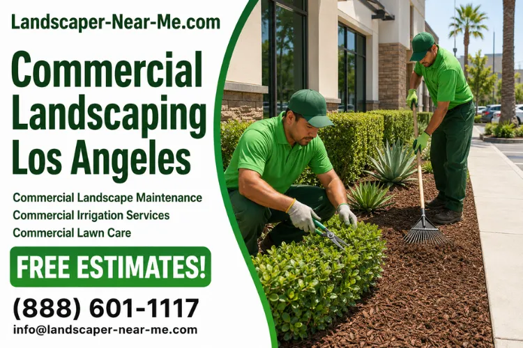 Commercial Landscaping Los Angeles marketing image from Landscaper-Near-Me.com showing a landscape crew maintaining planting beds at a retail center, with free estimates and contact information