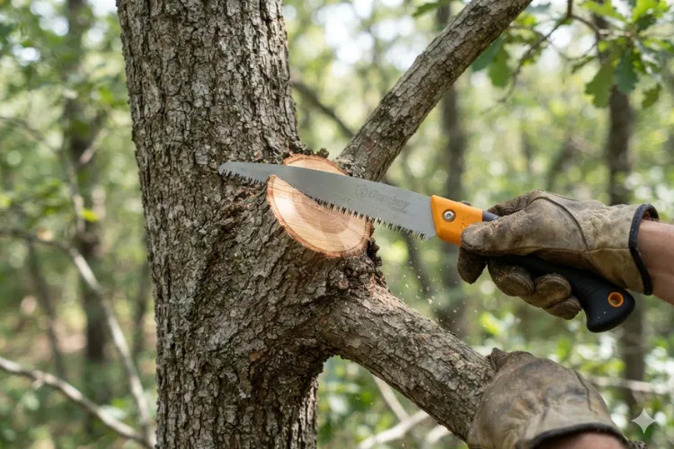 Close-up of a reduction cut being made above a lateral branch during crown reduction pruning