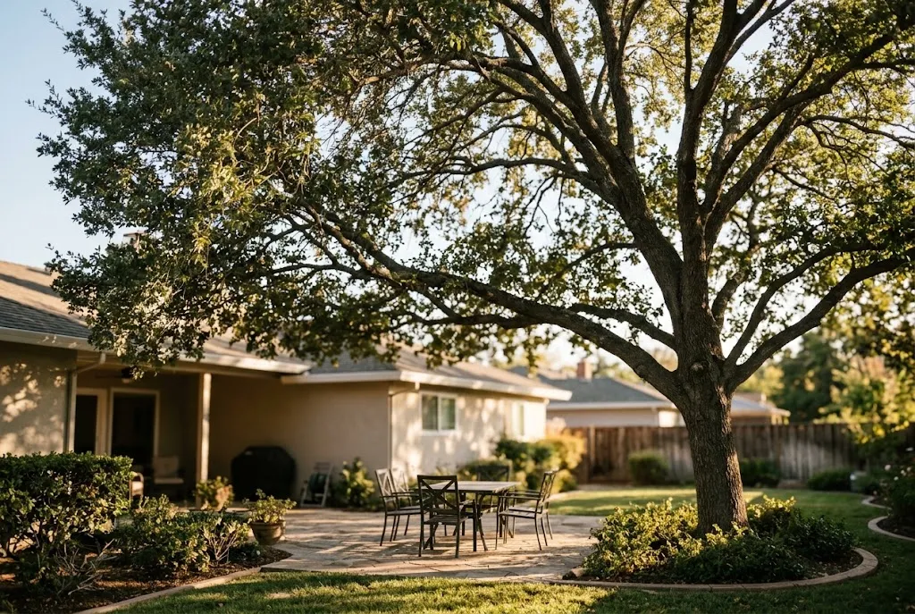 Backyard patio under a thinned tree canopy showing dappled sunlight with the tree's natural shape and interior foliage retained