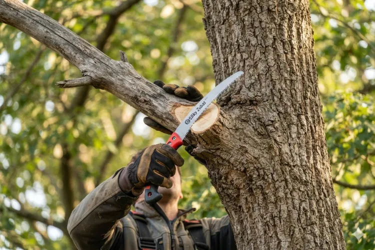 Close view of a pruning cut being made just outside the branch collar at the base of a dead limb