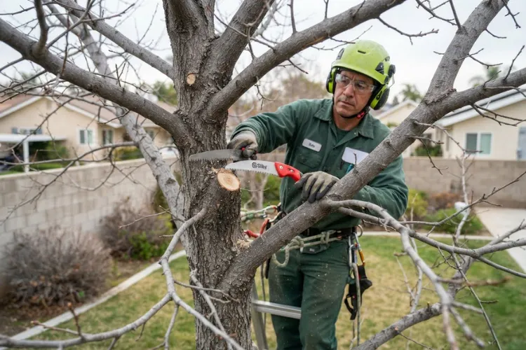 Arborist making a selective thinning cut in a bare deciduous tree canopy during the dormant season