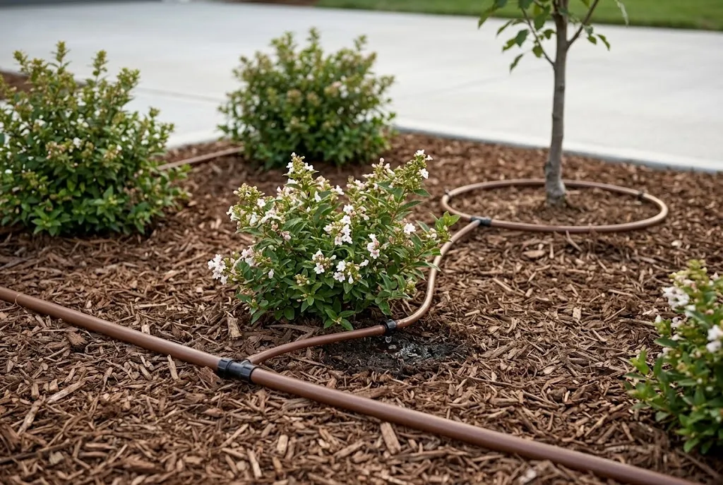 Drip emitter releasing water at the base of a shrub in a mulched planting bed with dripline around a young tree