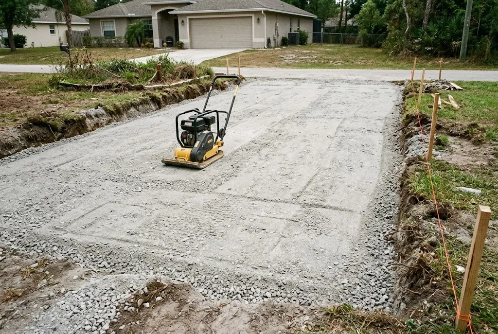 Compacted aggregate base and grade stakes prepared for a new residential driveway installation