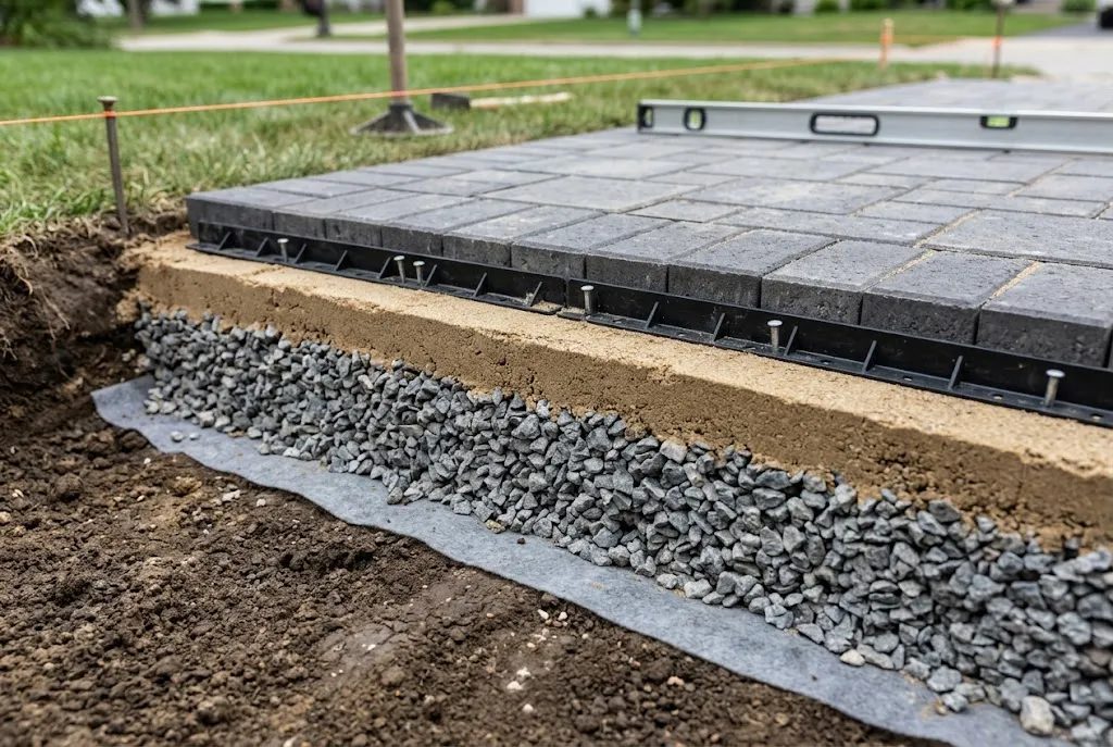 Exposed edge of a paver walkway under construction showing compacted subgrade, geotextile, crushed-stone base, sand bedding layer, pavers, and edge restraint