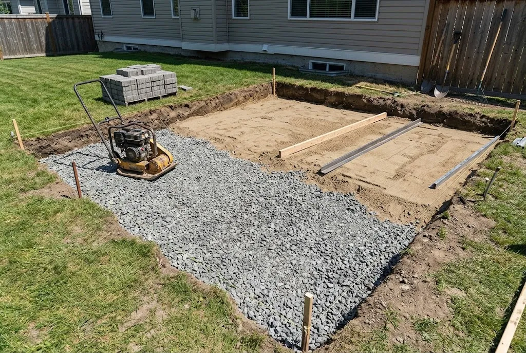 Excavated patio area with compacted aggregate base, grade stakes, screed rails, and a plate compactor before paver installation.