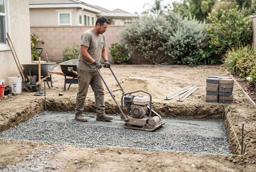 Landscape worker compacting the crushed aggregate base inside an excavated patio area before paver installation
