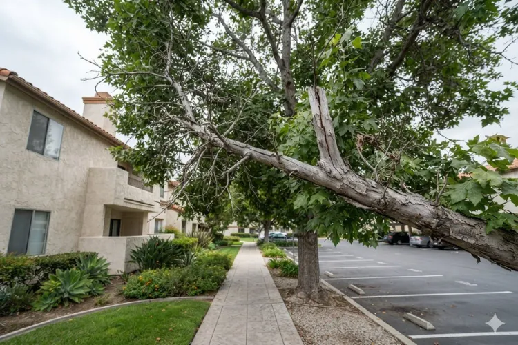 Dead limb suspended above a paved walkway and parking area at a landscaped commercial property