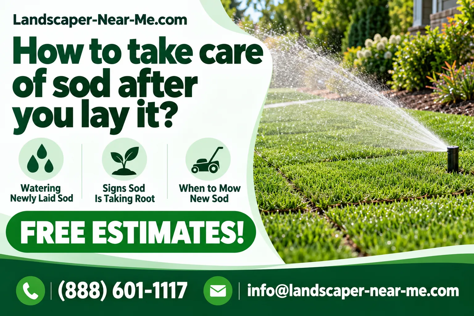 How to take care of sod after you lay it, shown with a newly sodded lawn being watered by a sprinkler