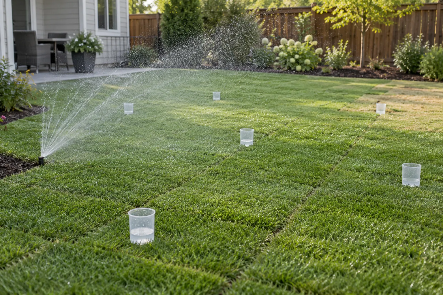 Catch cans on new sod measuring sprinkler coverage across a lawn