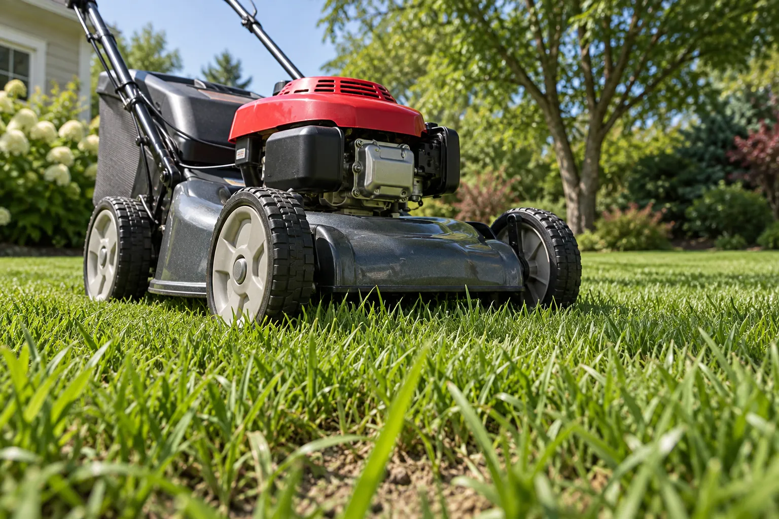 Mower cutting a firm, rooted sod lawn on dry ground