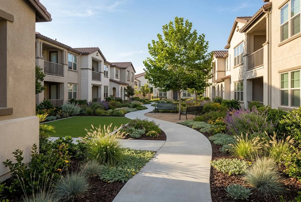 Apartment community courtyard with layered planting beds, turf, shade tree and a curving walkway
