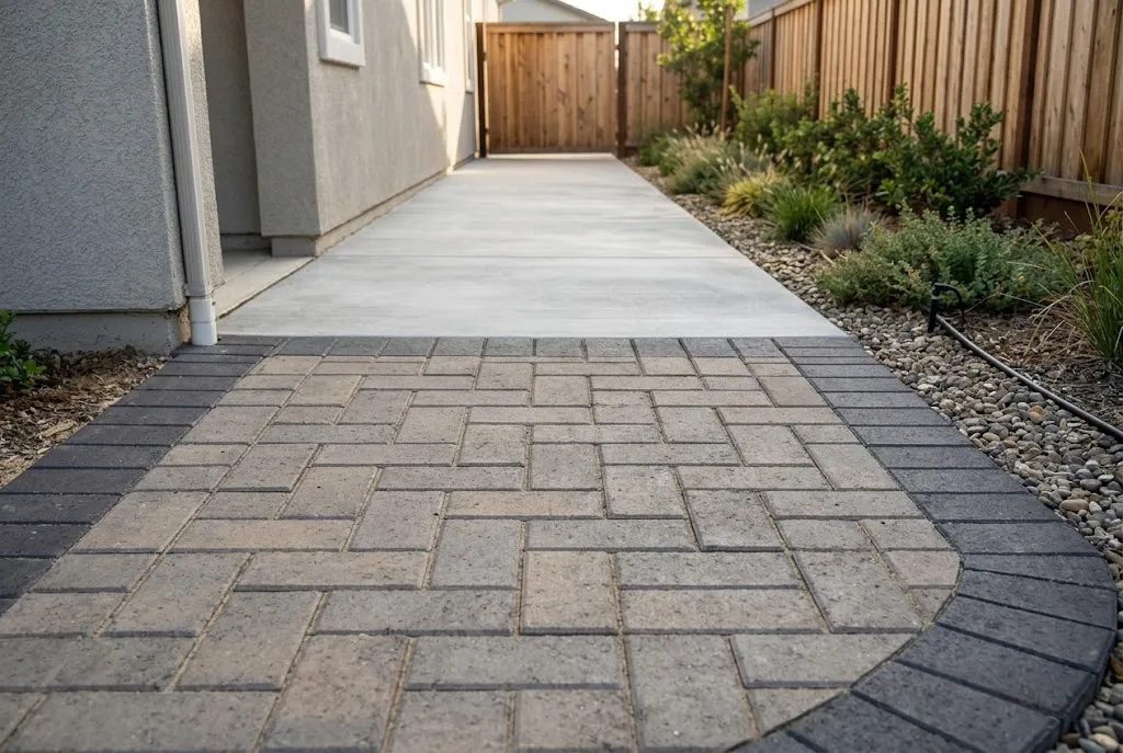 Curving paver walkway with a contrasting border transitioning into a broom-finished concrete walkway beside a planted border.