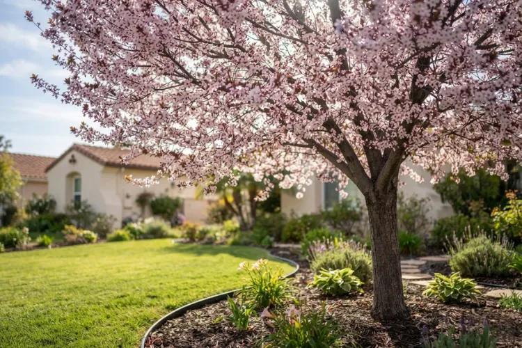 Flowering ornamental tree in full bloom in a residential landscape, timed for pruning after flowering