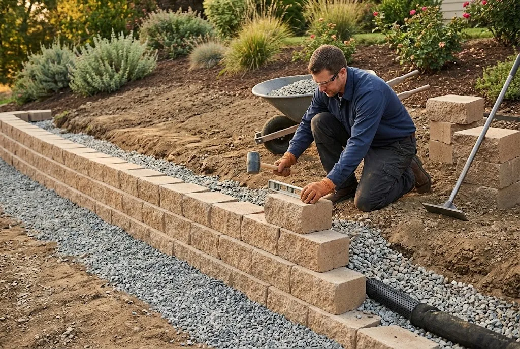 Worker setting tan segmental retaining wall blocks on a sloped yard with drainage gravel and perforated pipe placed behind the wall