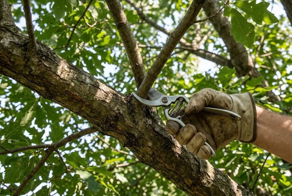 Gloved hand positioning a bypass hand pruner at the base of a small crossing branch inside a tree canopy during selective branch removal