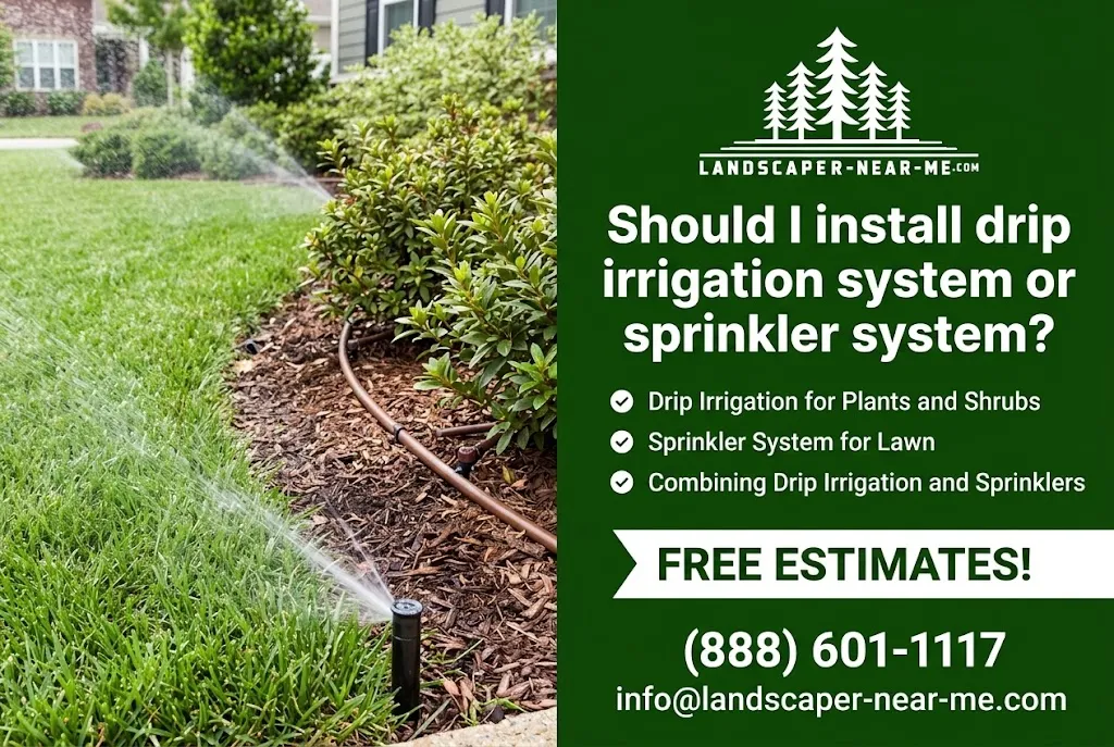 Should I install drip irrigation system or sprinkler system? Landscaper-Near-Me.com graphic showing a sprinkler watering a lawn next to a drip-irrigated shrub bed, with free estimate contact details