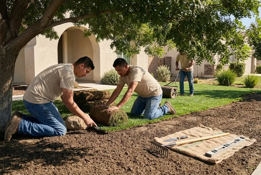 Landscaping crew laying new sod rolls onto prepared soil during a Southern California lawn installation