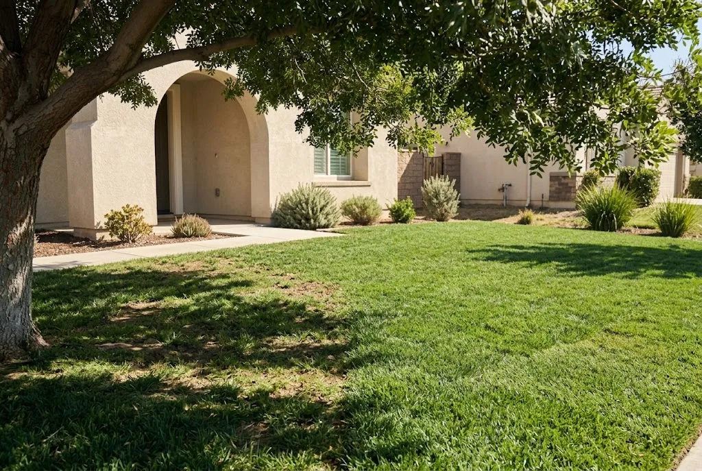 Southern California yard showing a full-sun lawn area next to a shaded turf area under tree canopy