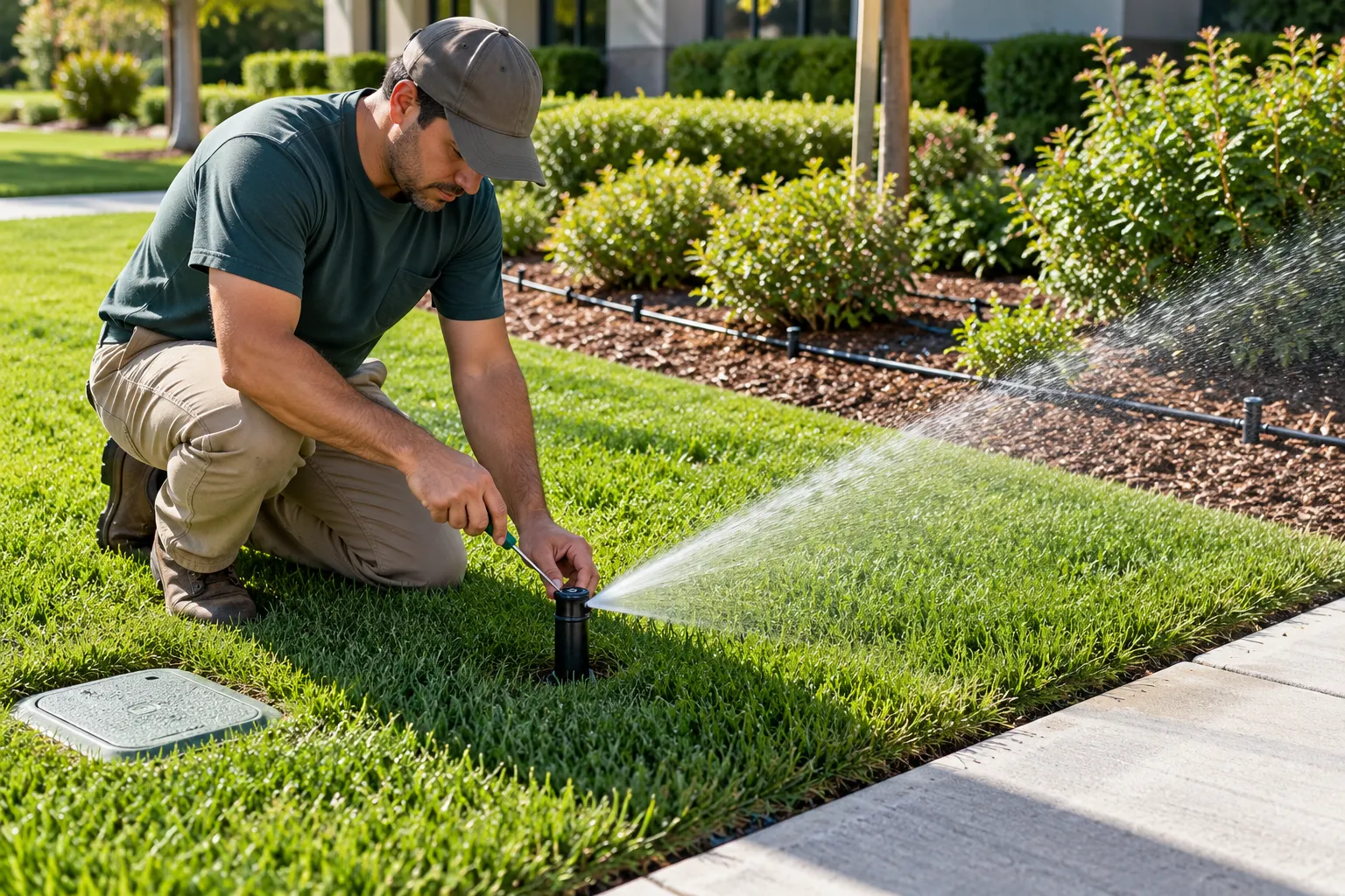 Technician adjusting a pop-up sprinkler head so the spray stays on the lawn and off the sidewalk