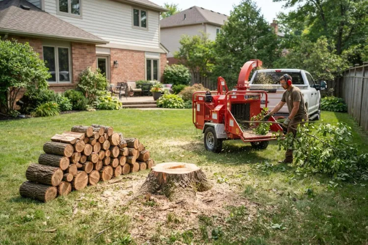 Cleared yard after tree removal with a remaining stump and stacked wood ready for cleanup