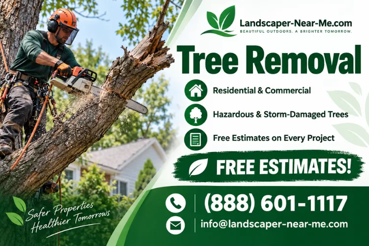 Tree Removal service by Landscaper-Near-Me.com showing a worker cutting down a large tree with free estimate and contact information
