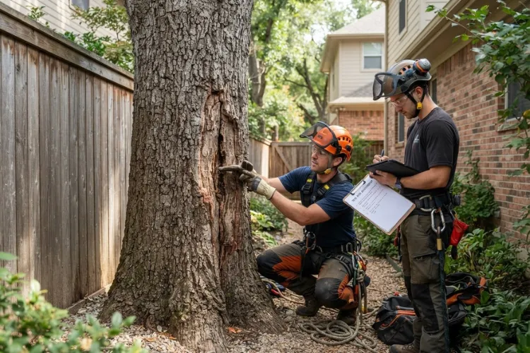Tree care professional inspecting a large tree trunk for decay before a removal project