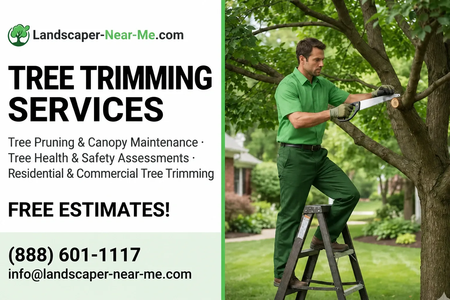 Tree Trimming Services marketing graphic from Landscaper-Near-Me.com showing a landscaping worker pruning a shade tree alongside service details and contact information