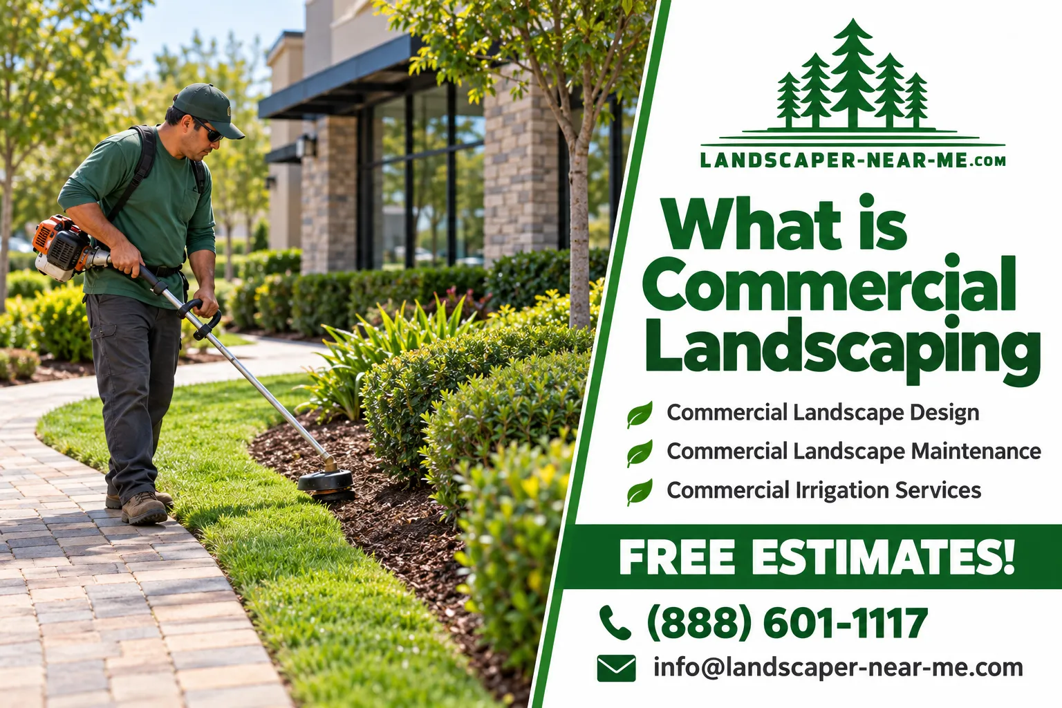 What is Commercial Landscaping marketing graphic showing a technician edging planting beds at a commercial property with free estimate contact details